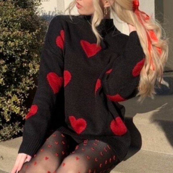 Heart Print long sleeve Knit Sweater Top casual wear - Picture 2 of 11